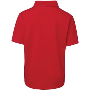 A red short-sleeve polo shirt, featuring a collar and a logo on the back. Suitable for kids.
