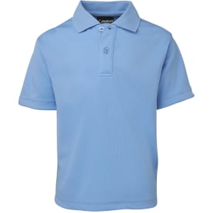 A light blue polo shirt with a collar, short sleeves, and a logo on the label.