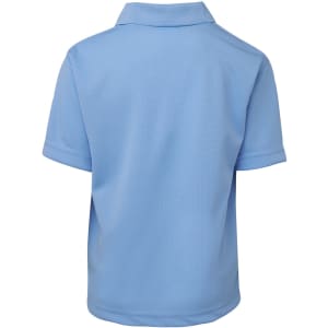 A light blue polo shirt with a collar and short sleeves, featuring a branding logo on the back.