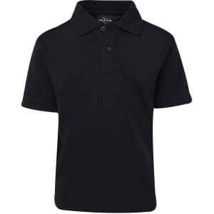 A short-sleeved polo shirt in black with a two-button placket and branding on the collar.