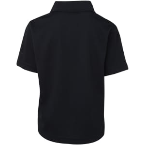 A black short-sleeve polo shirt featuring a collar and a logo on the back.
