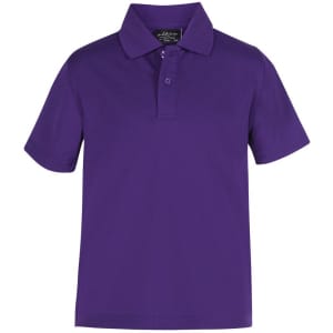 A purple polo shirt with a collar and short sleeves, featuring a badge on the neckline.