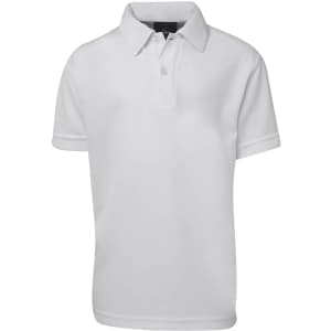 A white short-sleeved polo shirt featuring a collar and a logo.