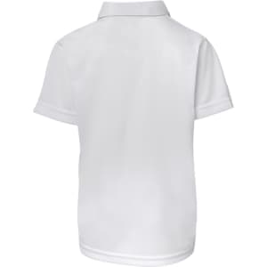 A white polo shirt with short sleeves and a collar, featuring a logo on the back.