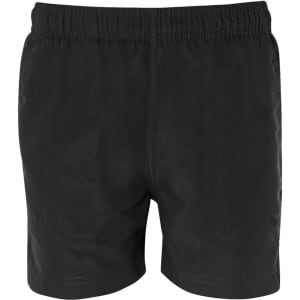 Black sports shorts with an elastic waistband and a simple design, featuring a logo.