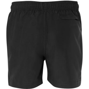 Black sports shorts feature an elastic waistband and a single back pocket. The design includes a logo.