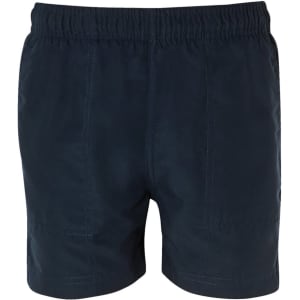 Navy sports shorts with an elastic waistband and a simple design. The shorts feature stitching details and a logo.
