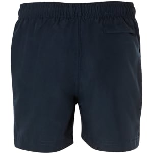 Dark navy sports shorts featuring an elastic waistband and a single back pocket. Includes a branding logo.