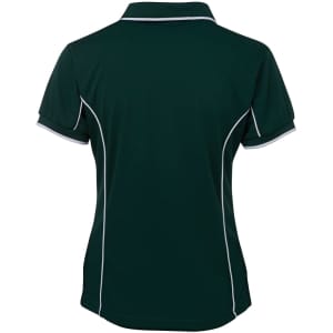 A dark green women's polo shirt featuring contrasting piping and a classic collar, with a logo on the back.