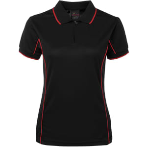 A black polo shirt with red piping, featuring a collar and a small placket. It includes a logo.