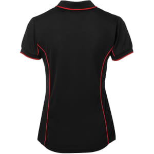 A black polo shirt with red piping, featuring a branded logo on the back.