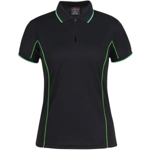 A black polo shirt featuring green piping and a collar, designed for women. It has a logo on the label.