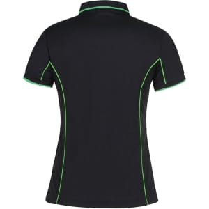 A black polo shirt with green piping, featuring a fitted design and short sleeves. Includes a logo on the chest area.