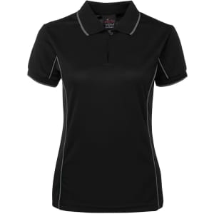A black polo shirt with a zippered neck and contrasting piping details. The shirt features a logo.
