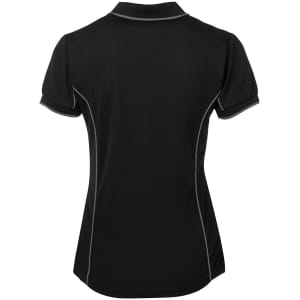 A black polo shirt with piping details and a logo, featuring a tailored fit for women.