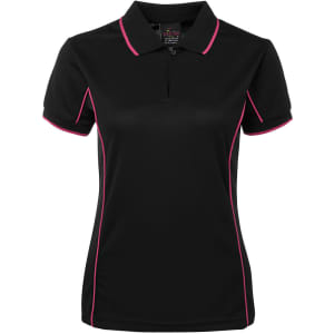 A black polo shirt with pink piping, featuring a collar and a zippered front. Includes a logo on the label.