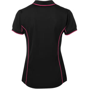 A black polo shirt with pink piping, featuring a fitted design and a collar. It includes a logo on the back.