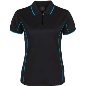 A black polo shirt with blue piping details and a collar. It features short sleeves and a logo on the label.