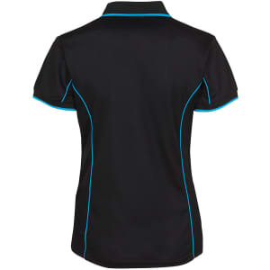 A black polo shirt featuring contrasting blue piping, showcasing a collar and short sleeves. Includes a logo on the front.