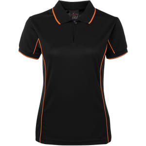 A black polo shirt with orange piping, featuring a collar and a logo on the label.