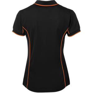 A black polo shirt with orange piping, featuring a fitted design and short sleeves. It has a logo on the design.