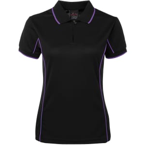 A black polo shirt with purple piping, featuring a collar and a half-zip design, with a logo.