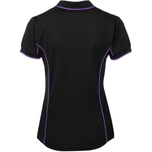A black polo shirt featuring purple piping, with a classic collar and short sleeves. It includes a branding logo.