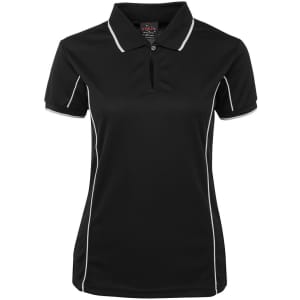 A black polo shirt with white piping, featuring a collar and a logo on the label.