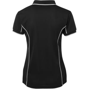 A black polo shirt with white piping details, featuring a collared neck and short sleeves. It has a branding logo.