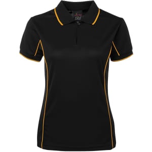 A black polo shirt with yellow piping, featuring a collar and short sleeves. It has a logo on the front.
