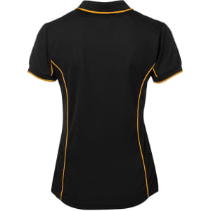A black polo shirt featuring yellow piping along the seams, designed for women. Includes a logo on the chest.