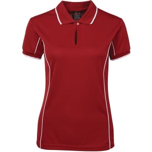 A red polo shirt with contrasting white piping and a collar, featuring a small logo.
