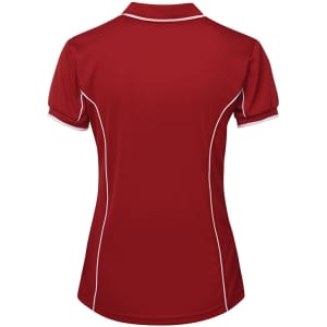 A red ladies' polo shirt with white piping details and a collared neck, featuring a logo.