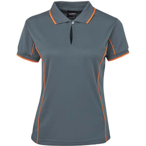 A grey polo shirt with orange piping, featuring a collar and a logo. Short sleeves and a sporty design.