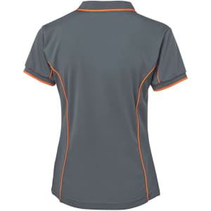 A grey polo shirt with orange piping, featuring a logo on the back. Short sleeves and a classic collar design.