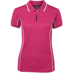 A women's pink polo shirt with white piping, featuring a collar and short sleeves. The shirt has a logo.