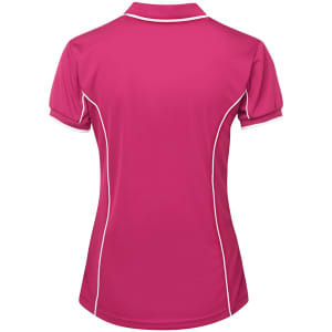 A pink polo shirt featuring short sleeves and white piping details along the seams, with a logo on the front.