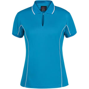 A blue piping polo shirt for ladies featuring a classic collar and contrasting white trim. Includes a logo.
