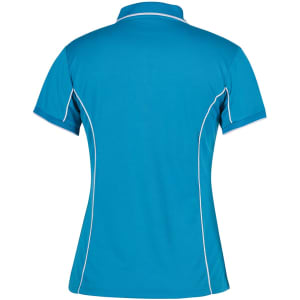 A women's polo shirt in vibrant blue with white piping details and a logo.