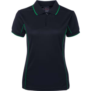 A navy polo shirt featuring green piping and a collar, with a logo on the front.