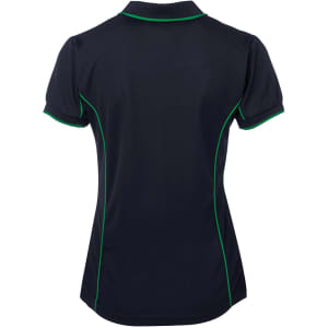 A navy polo shirt with green piping, featuring a collar and short sleeves. It has a logo on the back.