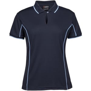 A navy polo shirt with light blue piping and a collar, featuring a logo.