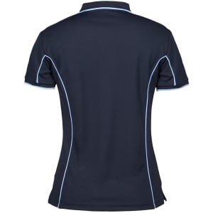 A navy blue polo shirt with light blue piping and a branded logo on the back. Features a classic collar and short sleeves.