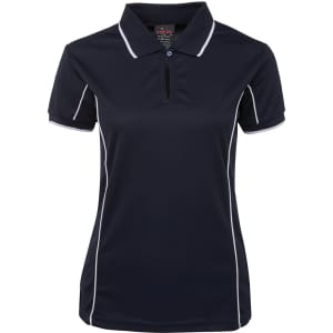 A navy polo shirt featuring piping details and a collar, with a logo on the upper area.