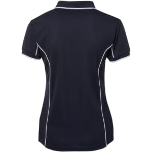 A navy polo shirt with white piping details and a logo, featuring a classic collar and short sleeves.