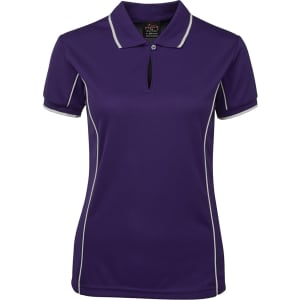 A purple polo shirt featuring a collar, short sleeves, and white piping along the seams, with a logo on the chest.