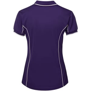 A purple polo shirt with contrasting piping, featuring a logo on the back.