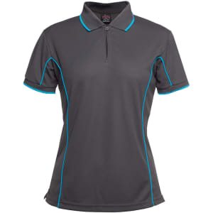 A grey ladies' polo shirt featuring blue piping and a collar, with a logo on the chest.
