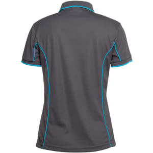 A grey polo shirt with turquoise piping, featuring a collar and short sleeves, with a logo on the back.