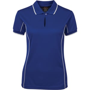 A blue women's polo shirt with white piping and a collar, featuring a logo on the chest.